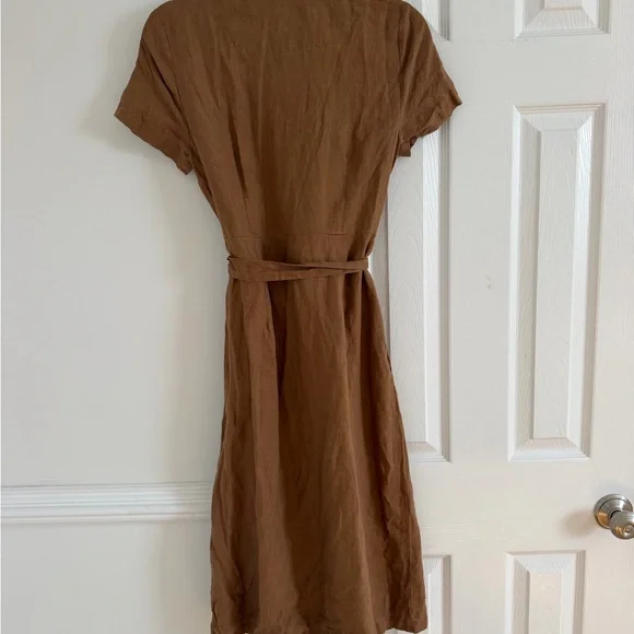 Quince 100% European Linen Button Front Dress Brown Tan Tie XS - Picture 5 of 6
